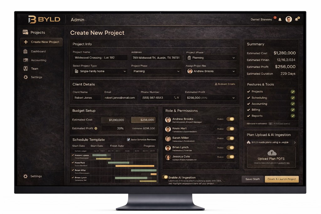 BYLD Admin — create a new project with budget, schedule, and team