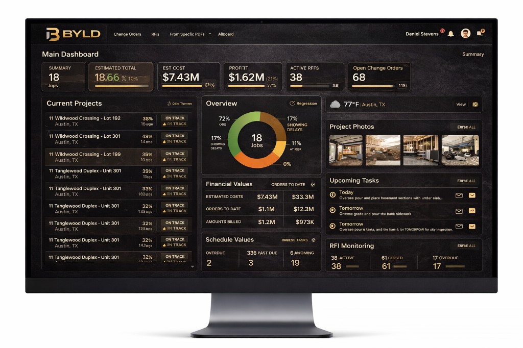 BYLD Owner Dashboard showing project overview, financials, and schedule tracking