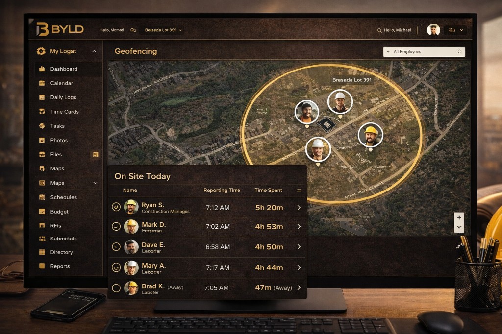 BYLD Geofencing — real-time map showing team members on the job site