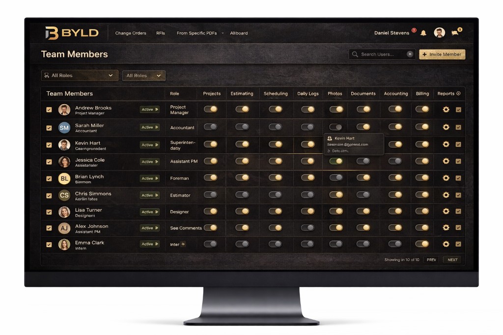 BYLD Team Management with role-based toggle permissions